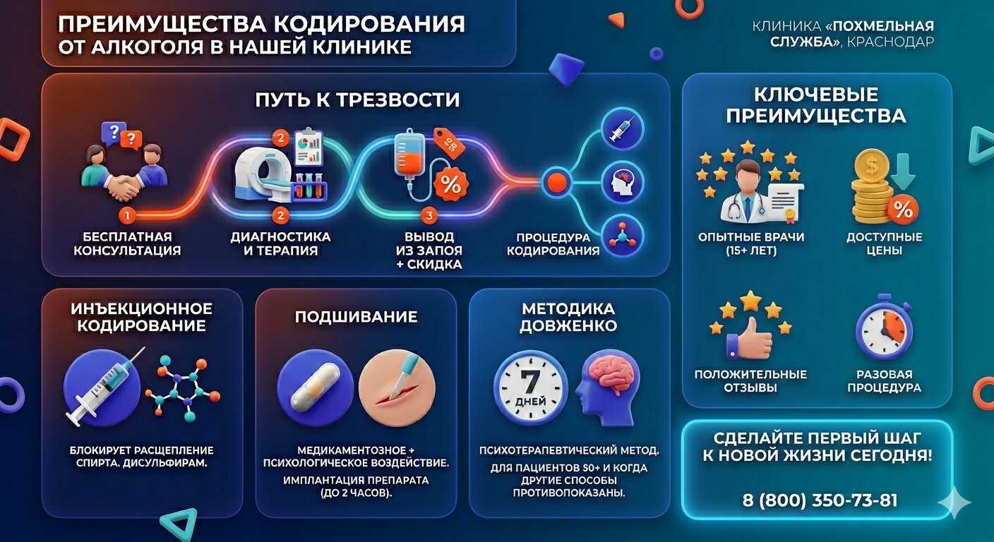 Инфографика о методах кодирования от алкоголя в Тяжинском: инъекции, подшивание, метод Довженко. Преимущества клиники и этапы лечения.
