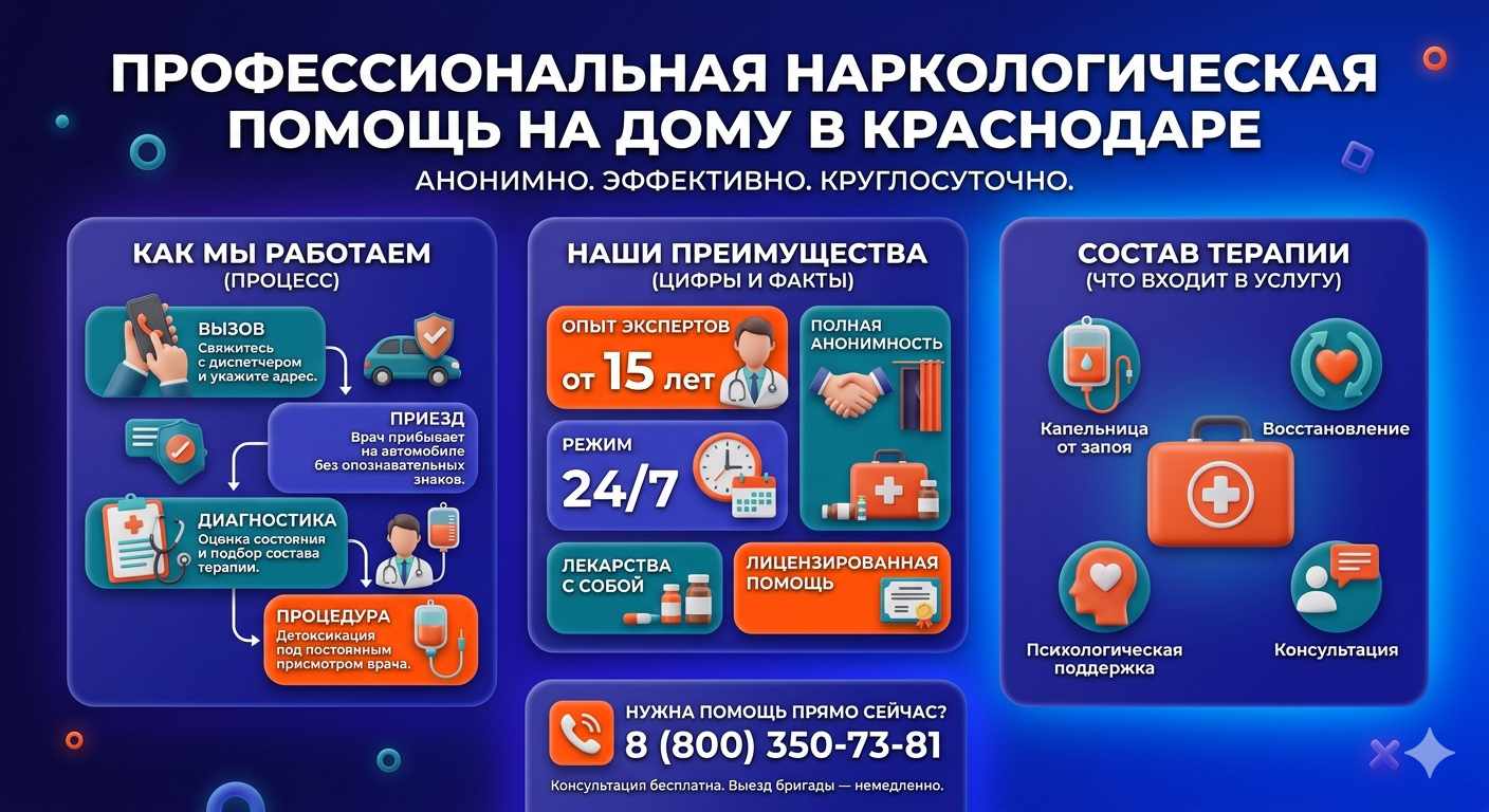 Инфографика о принципах лечения алкоголизма на дому в Тяжинском: этапы вызова нарколога, преимущества анонимной детоксикации и состав медицинской помощи.